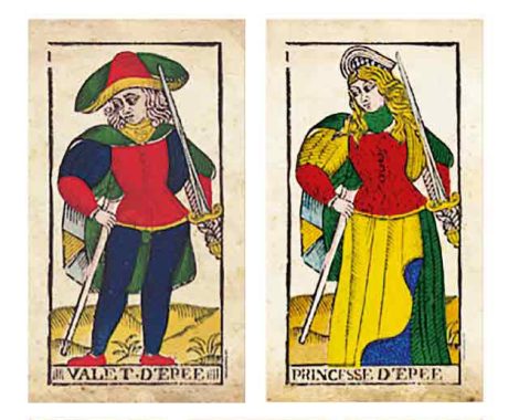 aus dem Prinz der Schwerter wird die Tarotkarte Prinzessin der Schwerter, Tarot de Marseille von 1760, Tarot Hofkarte Prinzessin, Original Tarotkarten von 1760,
