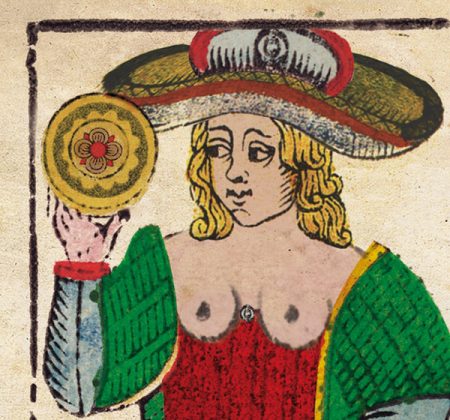Original Tarotkarten von 1760, Tarotkarte Prinzessin der Münzen, Tarot de Marseille von 1760, Tarot Hofkarte Prinzessin