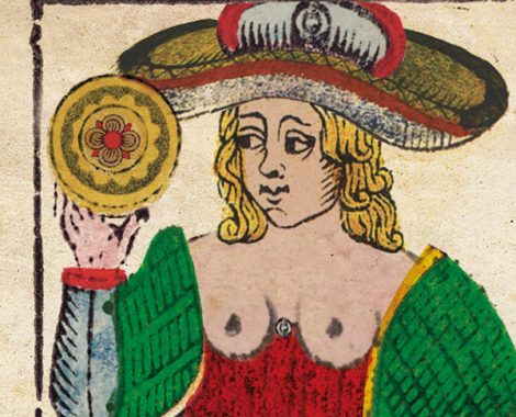 Original Tarotkarten von 1760, Tarotkarte Prinzessin der Münzen, Tarot de Marseille von 1760, Tarot Hofkarte Prinzessin